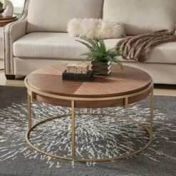 Ervyn Wood and Metal Round Coffee Table - Inspire Q Natural -Coffee Tables Elegant store unnamed file 4371
