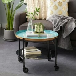 Olivia & May Round Metal Wheeled Coffee Table with Enamel Tray Top Black - Olivia & May