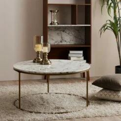 Marmo Round Coffee Table with Faux Marble Top Brass - Teamson Home -Coffee Tables Elegant store unnamed file 4418
