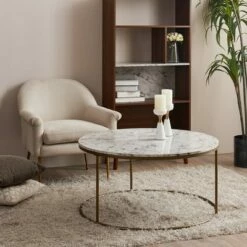 Marmo Round Coffee Table with Faux Marble Top Brass - Teamson Home -Coffee Tables Elegant store unnamed file 4419