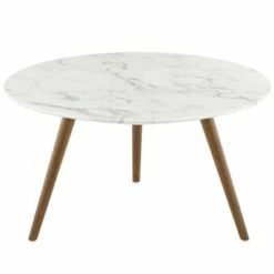 28" Lippa Round Artificial Marble Coffee Table with Tripod Base Walnut/White - Modway