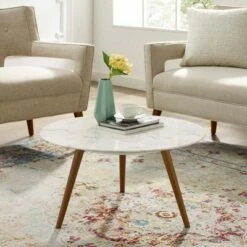 28" Lippa Round Artificial Marble Coffee Table with Tripod Base Walnut/White - Modway -Coffee Tables Elegant store unnamed file 4575