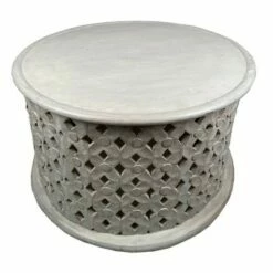 Mango Wood Farmhouse Round Coffee Table with Intricate Diamond Cutout Base White - The Urban Port