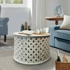 Mango Wood Farmhouse Round Coffee Table with Intricate Diamond Cutout Base White - The Urban Port -Coffee Tables Elegant store unnamed file 4675