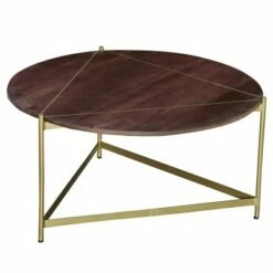Triangular Metal Base Round Wooden Coffee Table Brown/Brass - The Urban Port