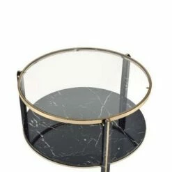 Coffee Table with Glass Top and Faux Marble Shelf Black/Gold - Benzara -Coffee Tables Elegant store unnamed file 4774
