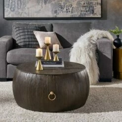 Chapman Reclaimed Wood and Gold Ring Wine Barrel Coffee Table - Inspire Q Natural