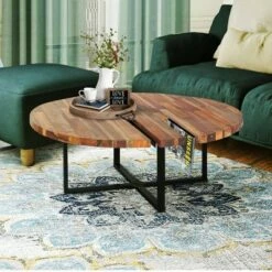 36" Round Wooden Top Coffee Table with Metal Base Brown/Black - The Urban Port -Coffee Tables Elegant store unnamed file 4867