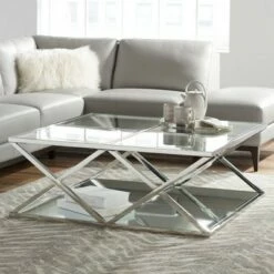 55 Downing Street Modern Polished Steel Square Coffee Table 40" Wide Silver Glass Top Mirrored for Living Room Home House Entryway