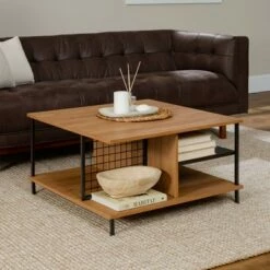 30" Metal and Wood Square Coffee Table - Saracina Home Dark Walnut