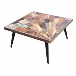 Square Wooden Coffee Table with Sunburst Design Glass Inserted Top - The Urban Port