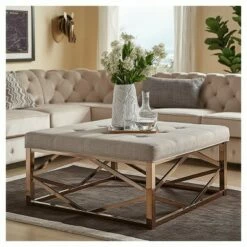 Fontaine Champagne Dimple Tufted Geometric Cocktail Ottoman Oatmeal - Inspire Q -Coffee Tables Elegant store unnamed file 5226