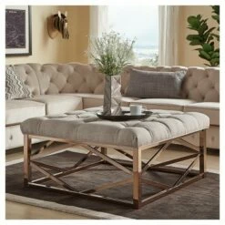 Fontaine Champagne Button Tufted Geometric Cocktail Ottoman Oatmeal - Inspire Q -Coffee Tables Elegant store unnamed file 5252