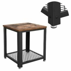 Metal Frame End Table with Wooden Top and Wide Mesh Bottom Shelf Brown and Black - Benzara