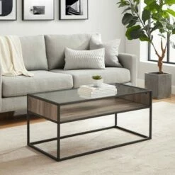 40" Metal and Glass Coffee Table with Open Shelf - Saracina Home Dark Walnut