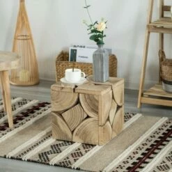 Vintiquewise Square Carved Natural Wood Side and Coffee Table Handmade Living Room Furniture