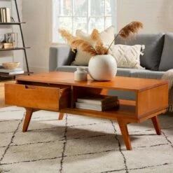 Donna Wood Bridge Leg Boho Coffee Table with Drawer - Saracina Home Caramel -Coffee Tables Elegant store unnamed file 541