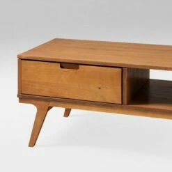 Donna Wood Bridge Leg Boho Coffee Table with Drawer - Saracina Home Caramel -Coffee Tables Elegant store unnamed file 542