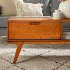 Donna Wood Bridge Leg Boho Coffee Table with Drawer - Saracina Home Caramel -Coffee Tables Elegant store unnamed file 545