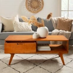 Donna Wood Bridge Leg Boho Coffee Table with Drawer - Saracina Home Caramel -Coffee Tables Elegant store unnamed file 546