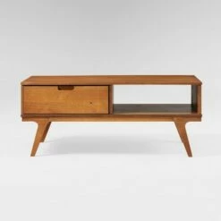 Donna Wood Bridge Leg Boho Coffee Table with Drawer - Saracina Home Caramel -Coffee Tables Elegant store unnamed file 547