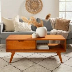 Donna Wood Bridge Leg Boho Coffee Table with Drawer - Saracina Home Caramel -Coffee Tables Elegant store unnamed file 548