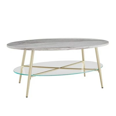 Lana Modern Glam Faux Marble and Glass Oval Coffee Table - Saracina Home Gray Faux Marble/gold 4 Lana Modern Glam Faux Marble and Glass Oval Coffee Table - Saracina Home Gray Faux Marble/gold - Image 2