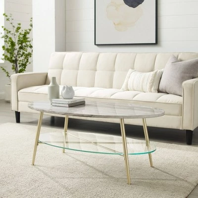 Lana Modern Glam Faux Marble and Glass Oval Coffee Table - Saracina Home Gray Faux Marble/gold 7 Lana Modern Glam Faux Marble and Glass Oval Coffee Table - Saracina Home Gray Faux Marble/gold - Image 5