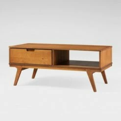 Donna Wood Bridge Leg Boho Coffee Table with Drawer - Saracina Home Caramel -Coffee Tables Elegant store unnamed file 549