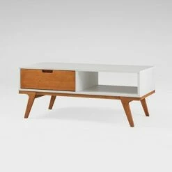 Donna Wood Bridge Leg Boho Coffee Table with Drawer - Saracina Home Caramel -Coffee Tables Elegant store unnamed file 550