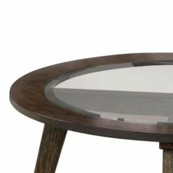 32" Coffee Table with Round Glass Top and Angled Legs Brown - Benzara