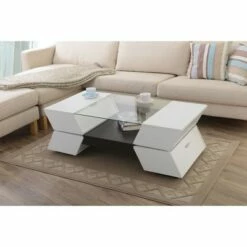 Lucas Glass Top Coffee Table with Hidden Storage White/Walnut - HOMES: Inside + Out