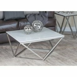 Olivia & May Square Marble Coffee Table with Stainless Steel Base White - Olivia & May