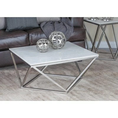 Olivia & May Square Marble Coffee Table with Stainless Steel Base White - Olivia & May 3 Olivia & May Square Marble Coffee Table with Stainless Steel Base White - Olivia & May