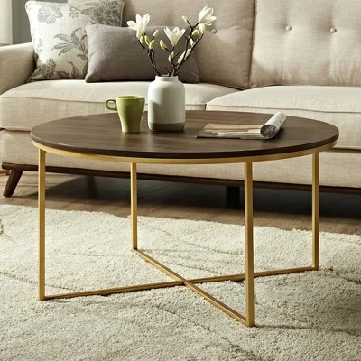 Vivian Glam X Leg Round Coffee Table Faux Marble - Saracina Home Dark Walnut/gold 3 Vivian Glam X Leg Round Coffee Table Faux Marble - Saracina Home Dark Walnut/gold