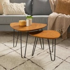 Gibby Hairpin Leg Wood Nesting Coffee Table Set - Saracina Home English Oak