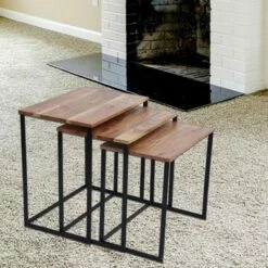 Set of 3 Wooden Nesting Coffee End Tables with Metal Base Brown/Black - The Urban Port -Coffee Tables Elegant store unnamed file 699