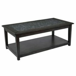 Cocktail Table with Marble Tile Inlay and Lower Shelf Gray - Benzara